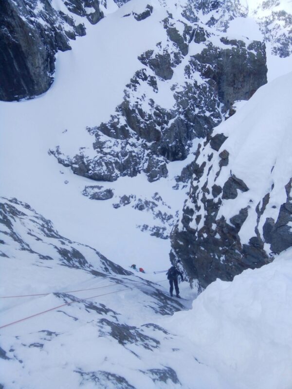 Skiing down a couloir, La Grave
