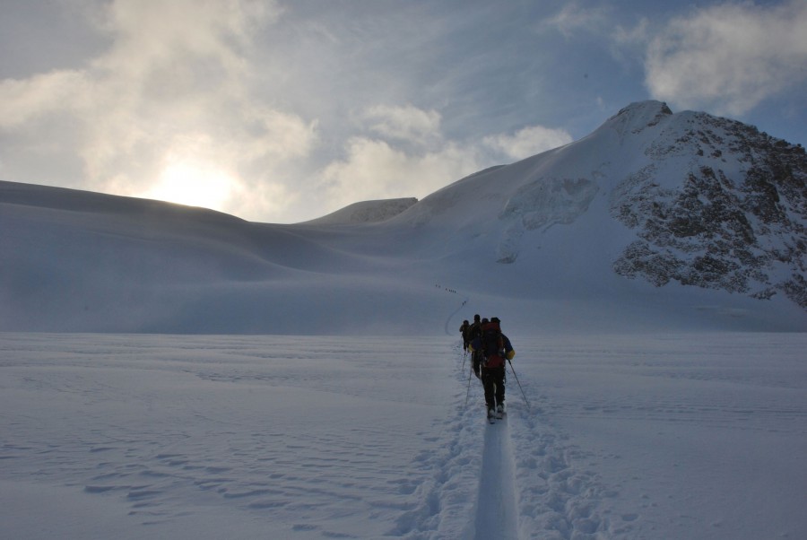 Backcountry skiers on an adventure in the Dolomites