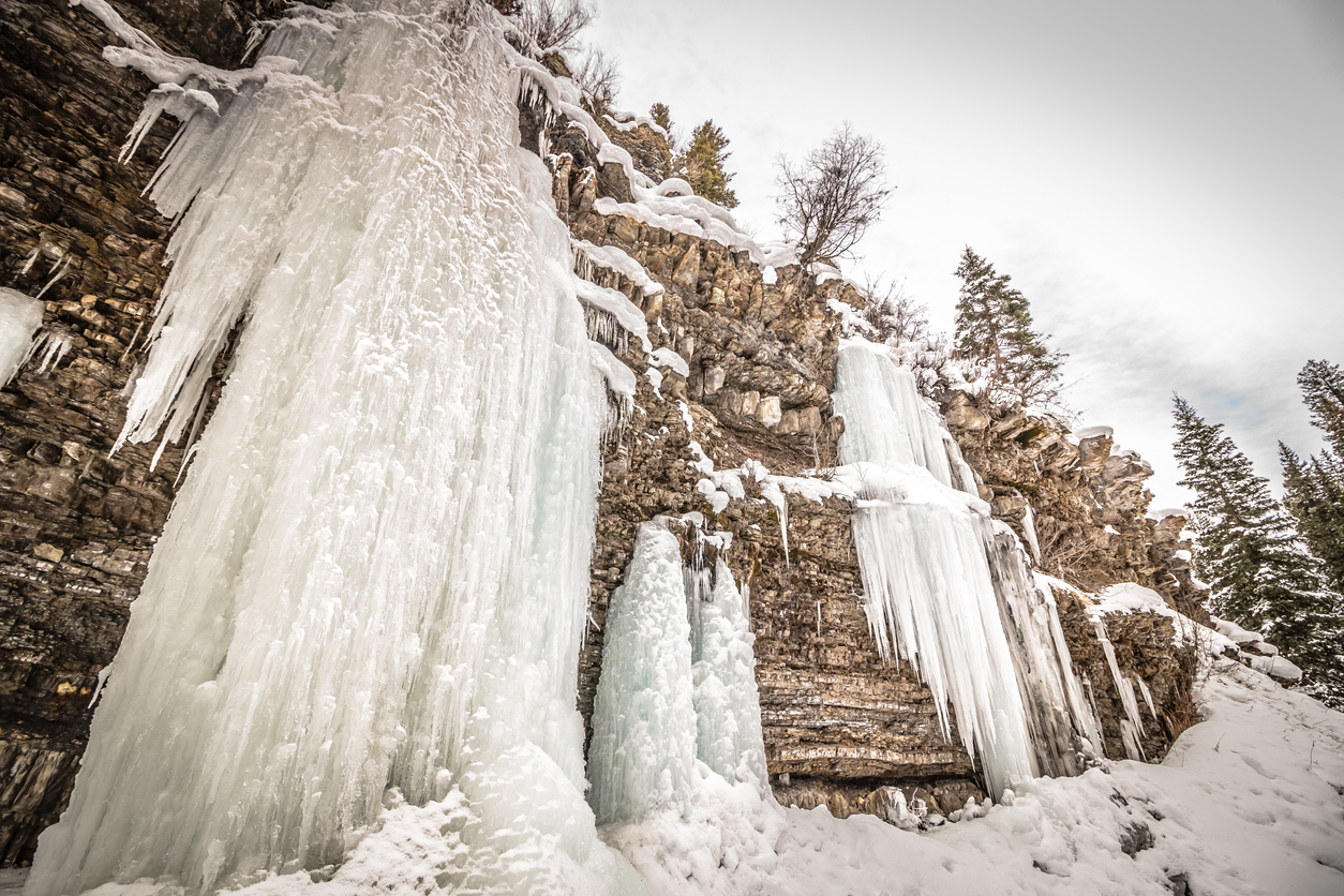 Frozen waterfalls along the Ousel Falls Trail