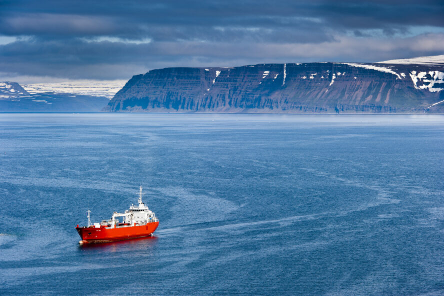 A red freight ship sailing in a vast fjord towards rugged, towering cliffs in the distance