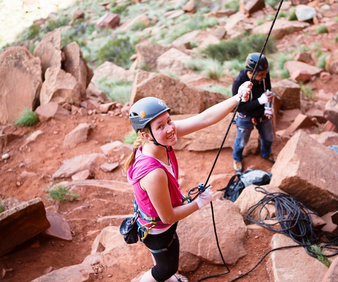 Women learning to crack climb in Indian Creek