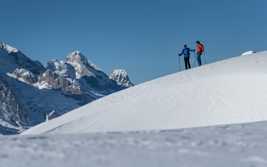 Snowshoers and scenery in the Dolomites