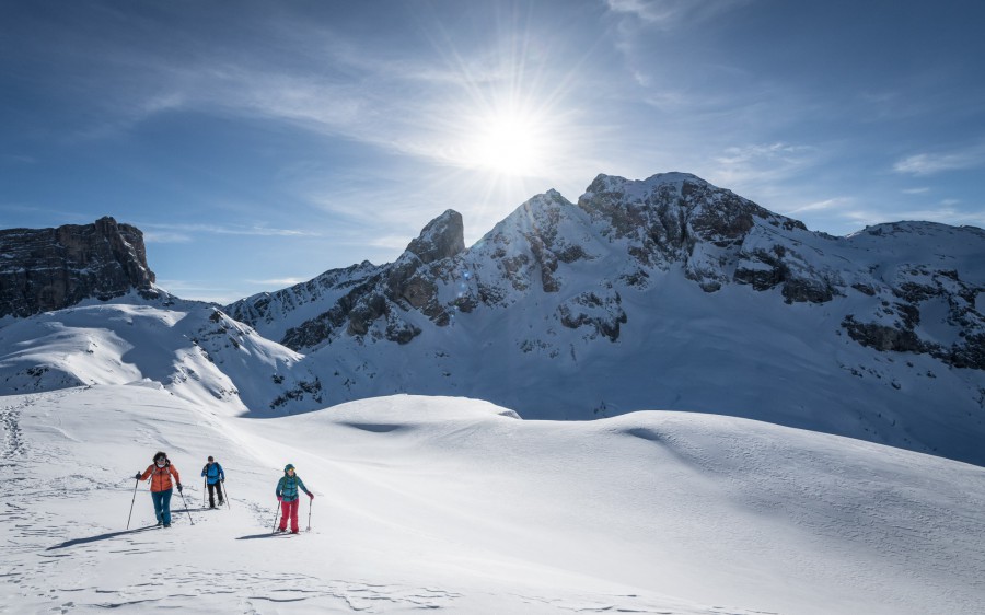 Snowshoers in the Dolomites snowshoeing the Alta Via N.1