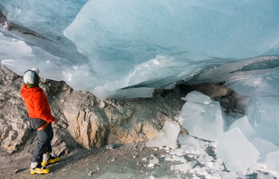 Looking at the famous hanging ice sheets on the Wapta Traverse in the Canadian Rockies