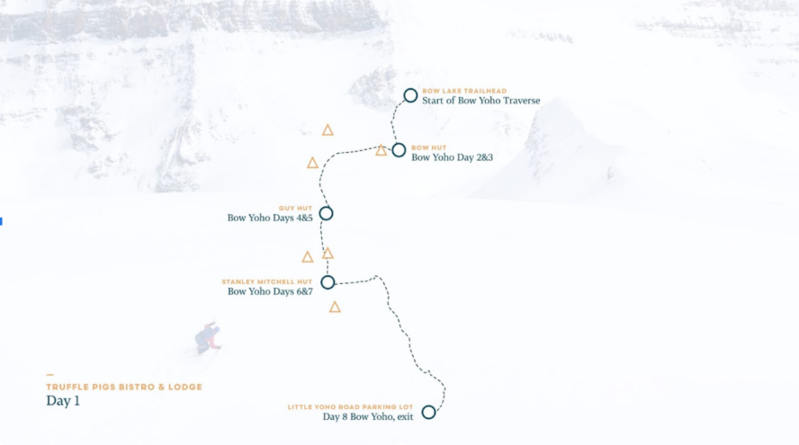 A map of the 7-day Bow-Yoho Traverse.