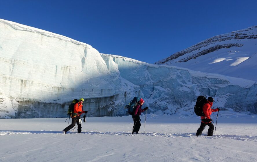 Mountaineers on the Bow Yoho route, one of the best backcountry skiing tours in British Columbia.