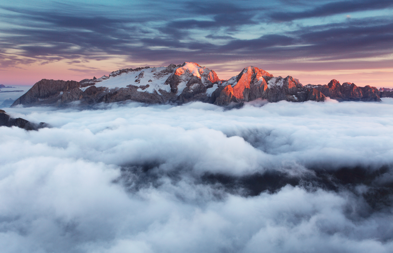 A view of the Marmolada mountains at sunset