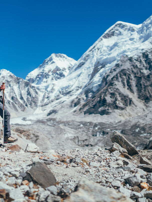 A hiker soaking up views near Gorakshep and Everest Base Camp