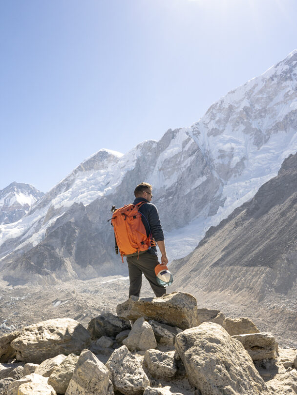 A hiker soaking up views near Gorakshep and Everest Base Camp