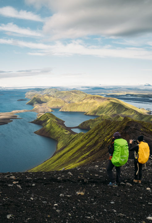 Hikers looking down on Lake Langisjór in Vatnajökull National Park