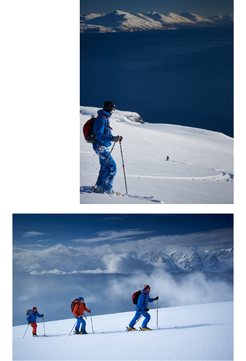 Two pictures of skiers exploring the backcountry of Lyngen Alps.
