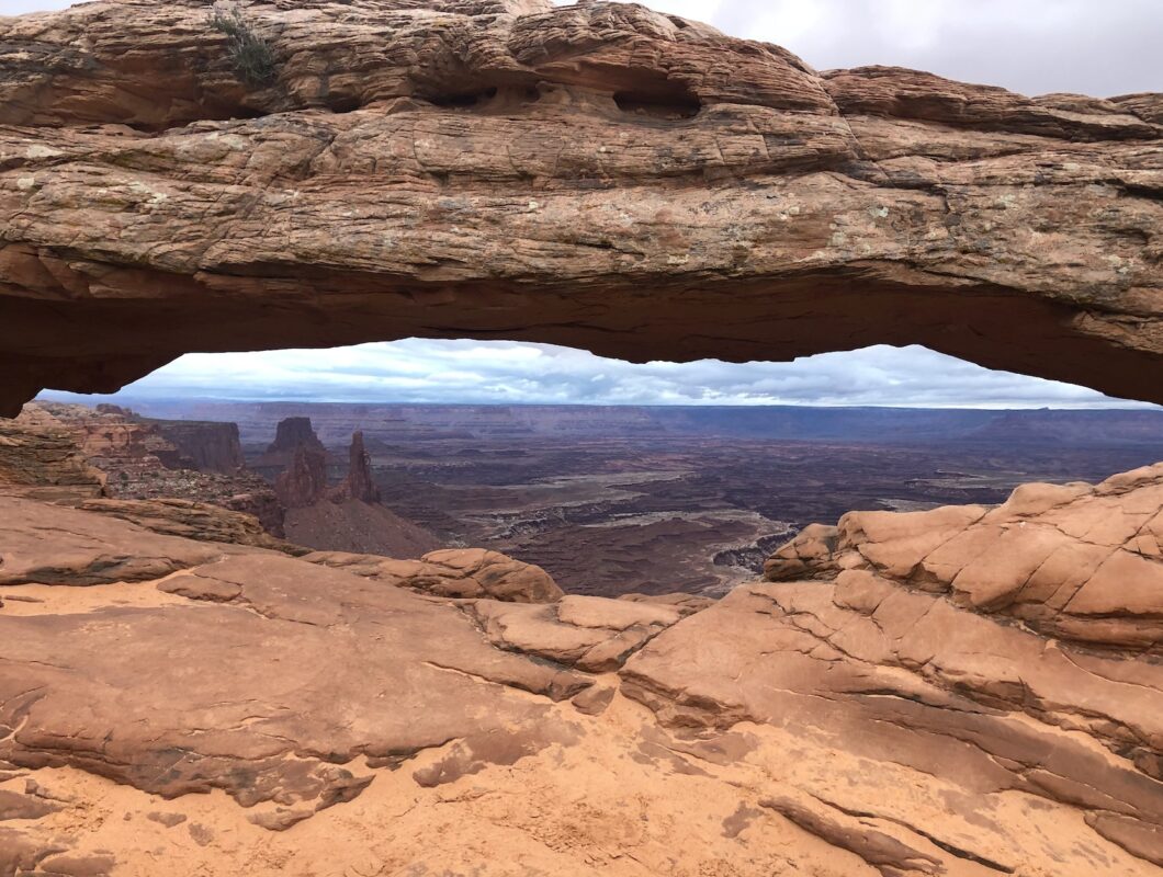 Strange rock formations and a big mesa in Canyonlands National Park