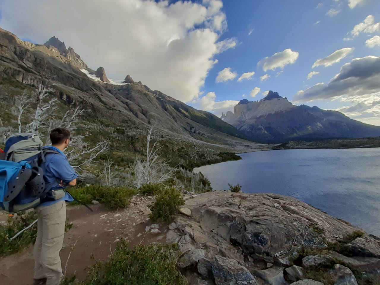 A hiker hiking the Torres del Paine O trek, Patagonia