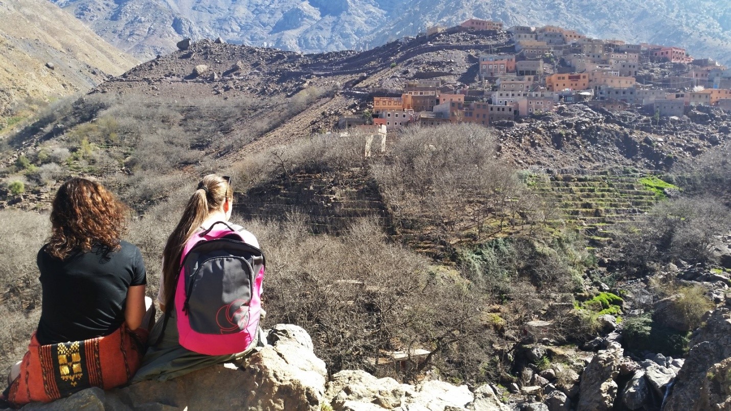 Hikers resting from traversing Mt. Toubkal