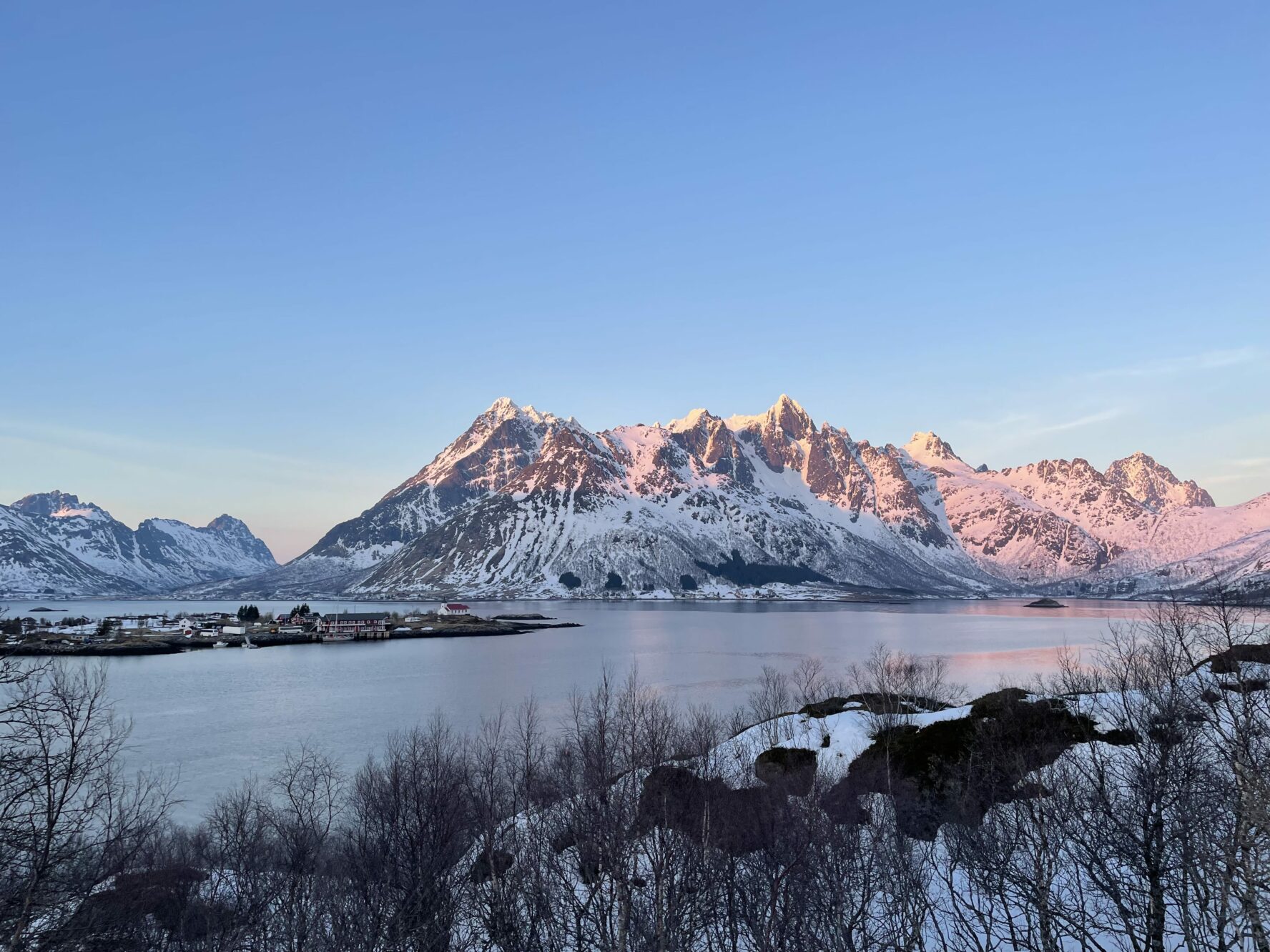 Panoramic view of Norwegian mountains and sea