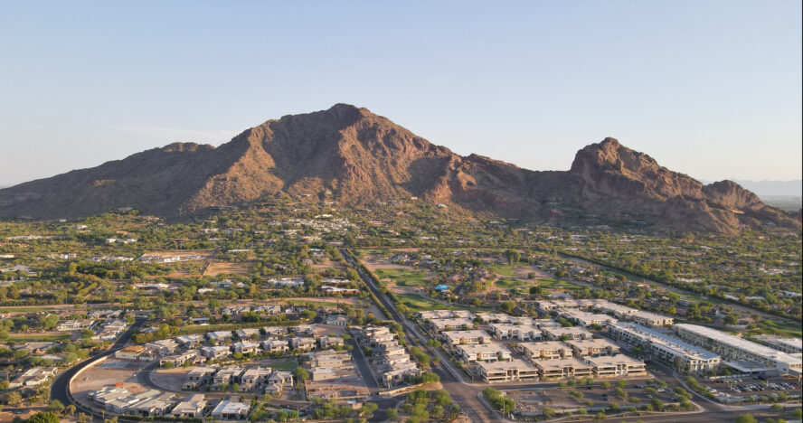 Camelback Mountain towering over the Phoenix Metropolitan Area, also known as the Valley of the Sun.