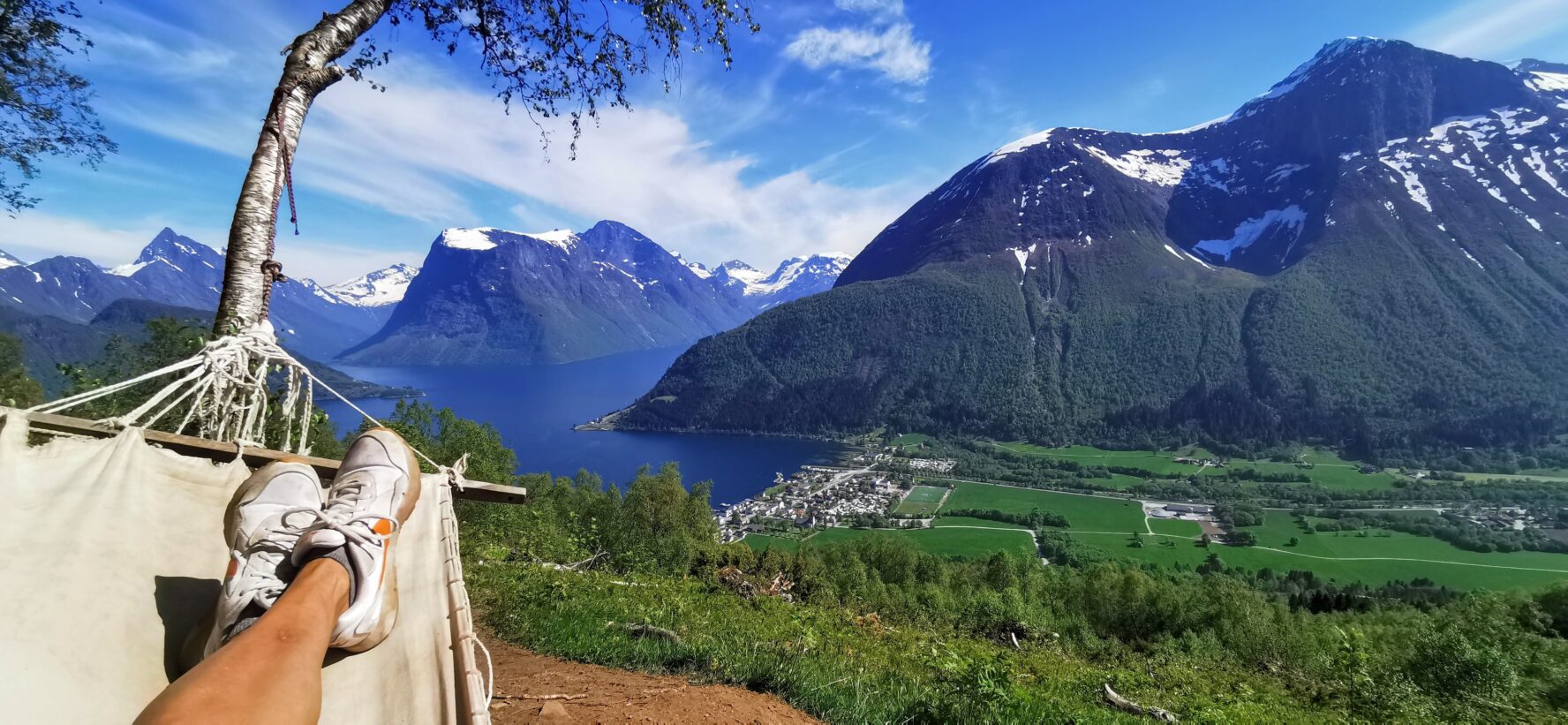 The view from a hammock in a Norwegian fjord