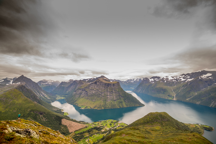 Mountain Saksa view with Norwegian fjord and mountains. Below is Urke village and left is Oye village