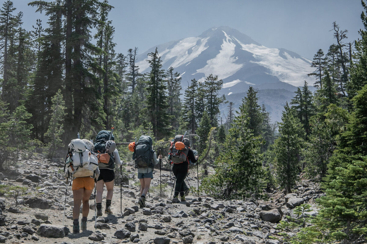 Women going towards Mount Shasta