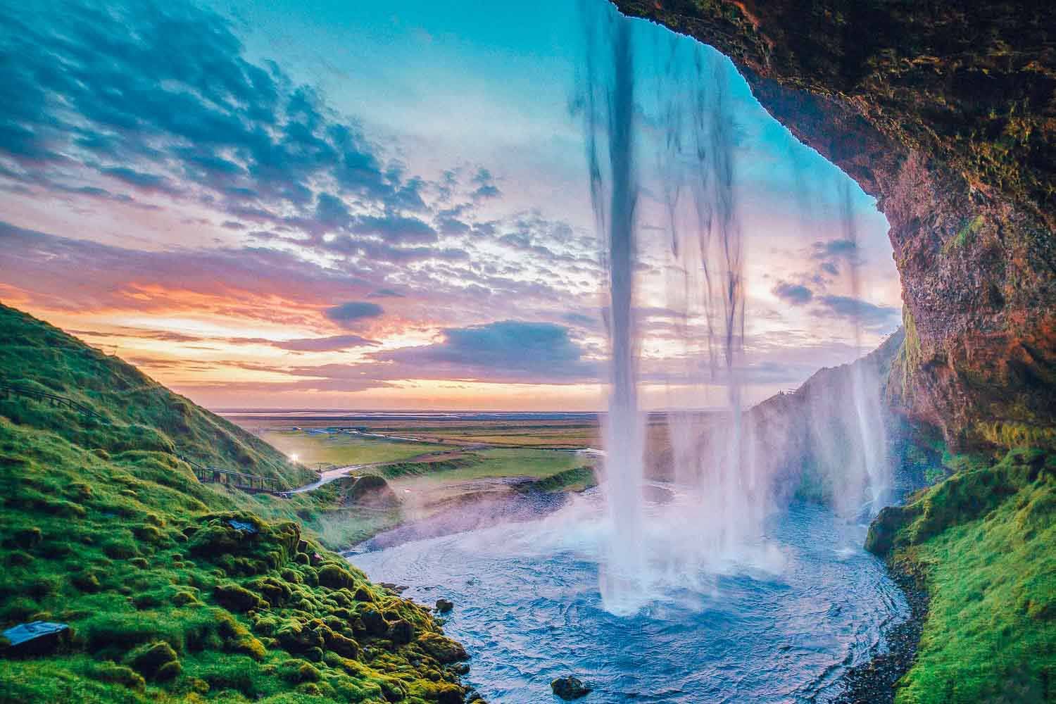 View from behind the Skogafoss waterfall on the South Coast