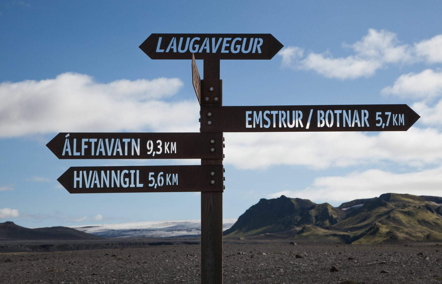 A sign pointing to distances of important Icelandic sights