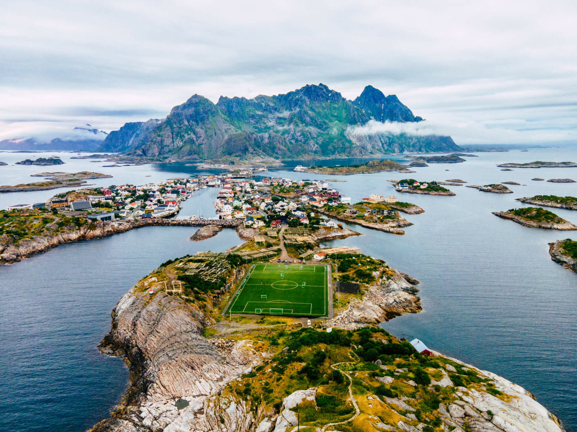 The epic panorama of Hennigsvaer located on Lofoten Islands in Norway.