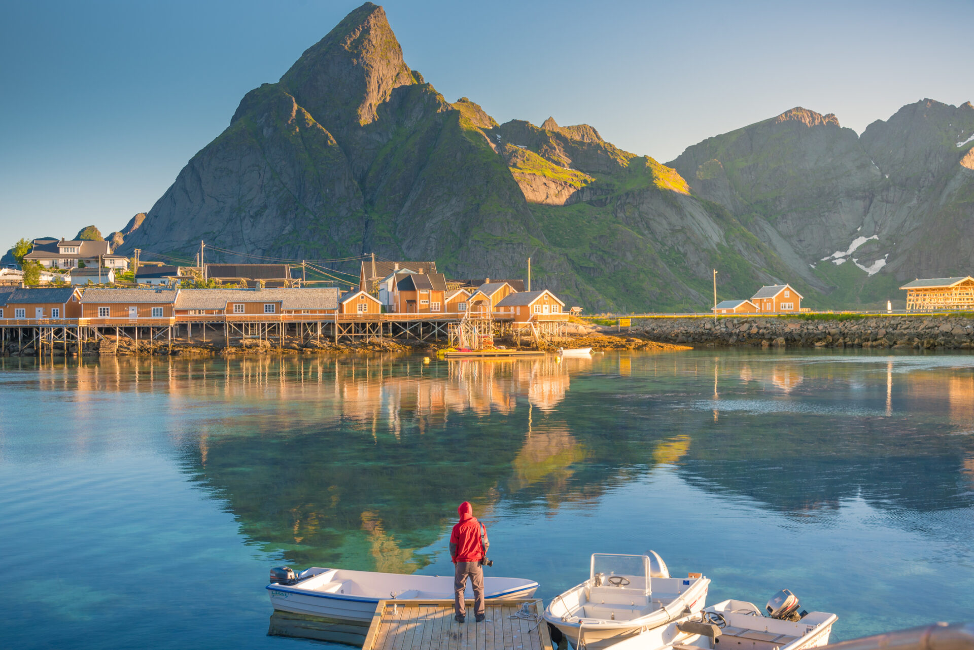 Sunset on the Lofoten Islands docs in Norway.