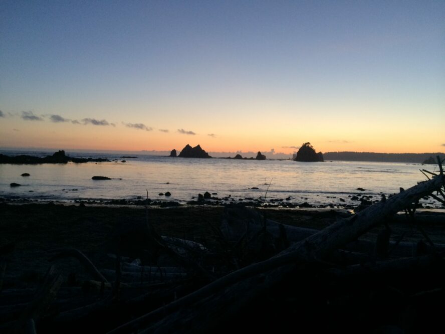 Camping on the beaches of Olympic National Park during sunset