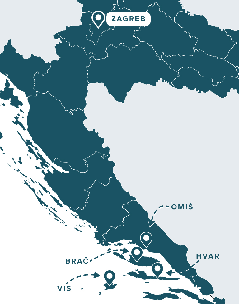Map of Croatia’s Dalmatian coast, which runs from the island of Rab in the north to the Bay of Kotor in the south.