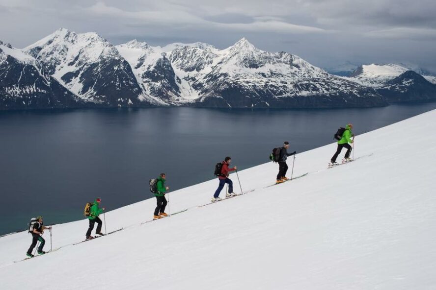 Skiers making their way up from the sea on a Lyngen Alps backcountry ski tour. 