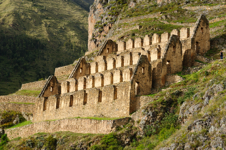 Peru, Ollantaytambo, Pinkulluna Inca ruins in the sacred valley in the Peruvian Andes.