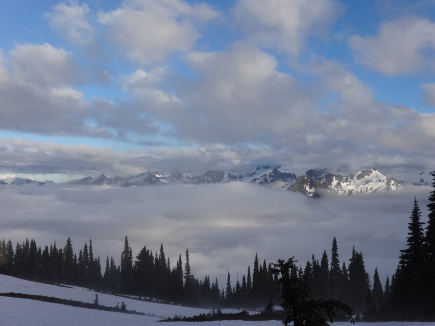 Seven Lakes Basin filled with clouds as seen from the High Divide Trail. 