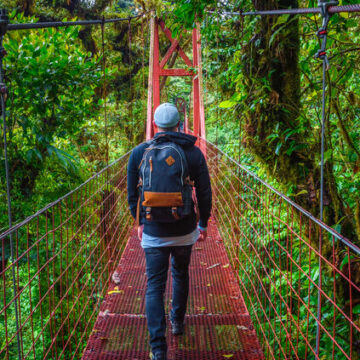 Tourist walking on a hanging suspension bridge in the jungle of Monteverde Cloud Forest, Costa Rica