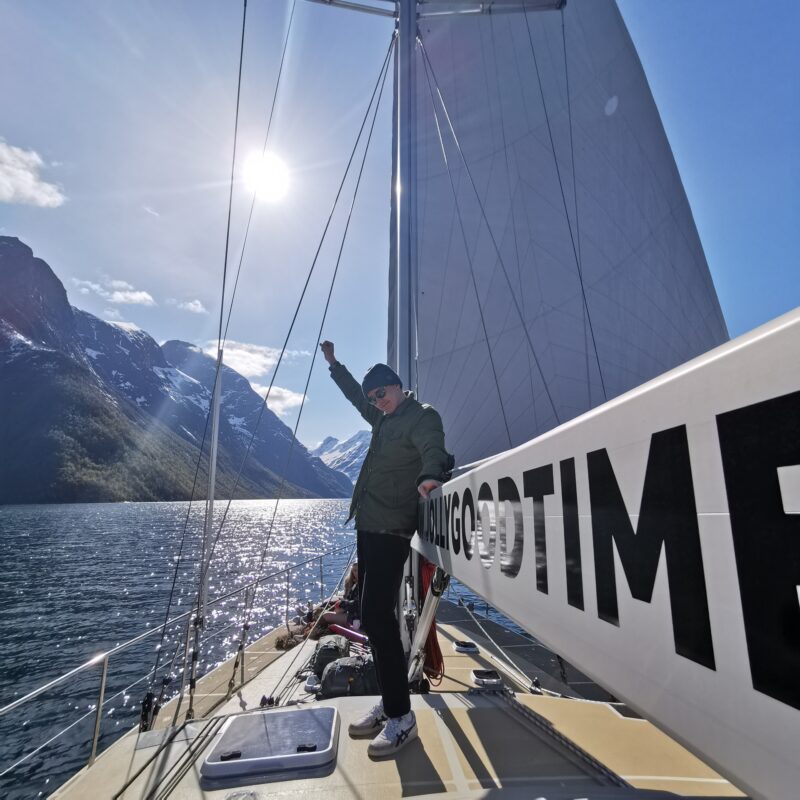 Posing on a sailboat in Norway
