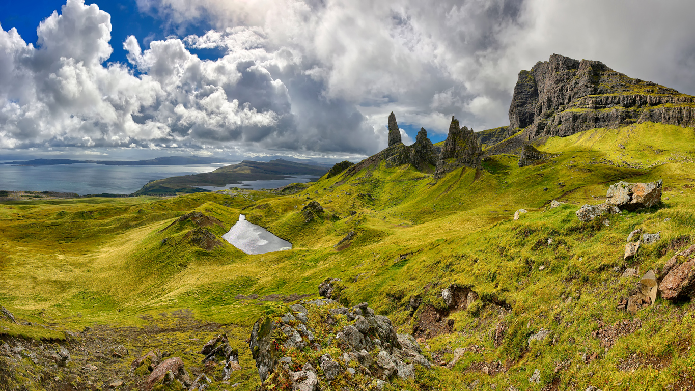 Larger view of the Old Man of Storr and a loch.