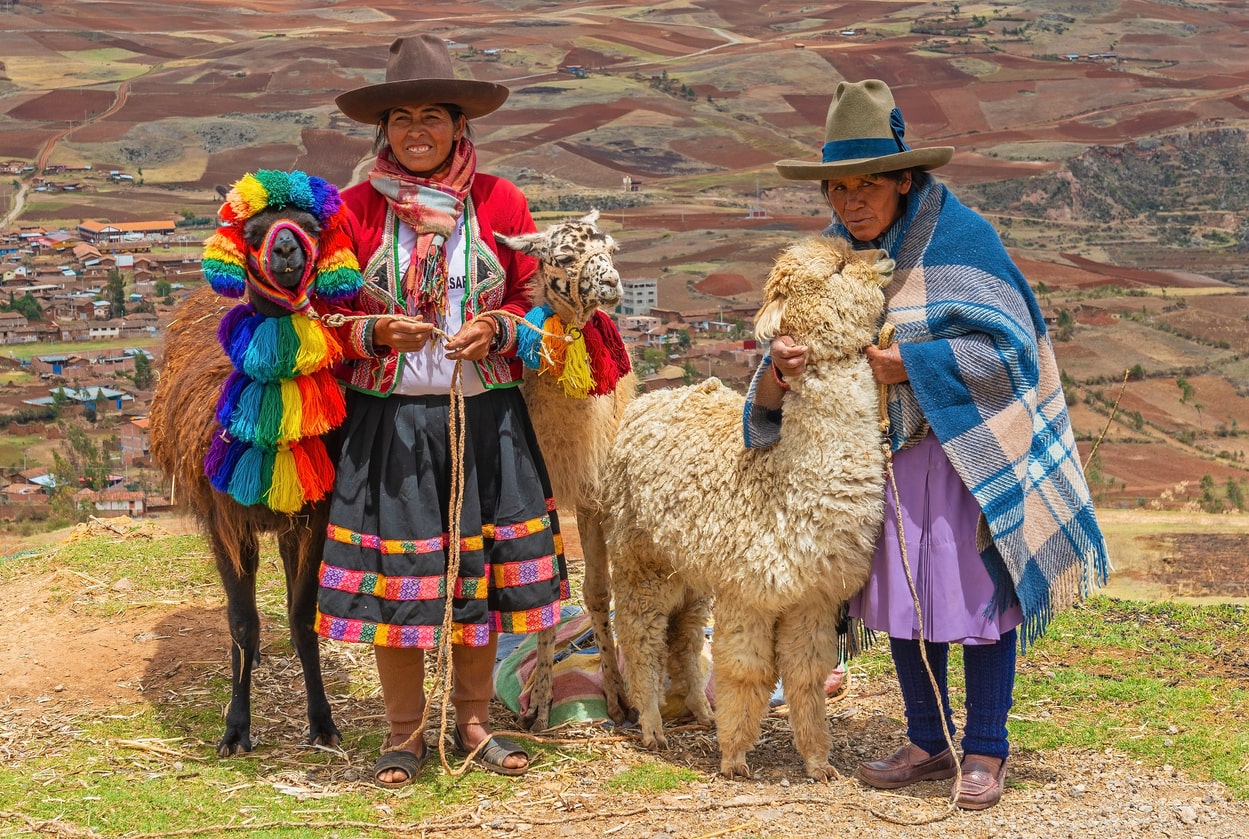Quechua people in traditional colourful outfits and a llama
