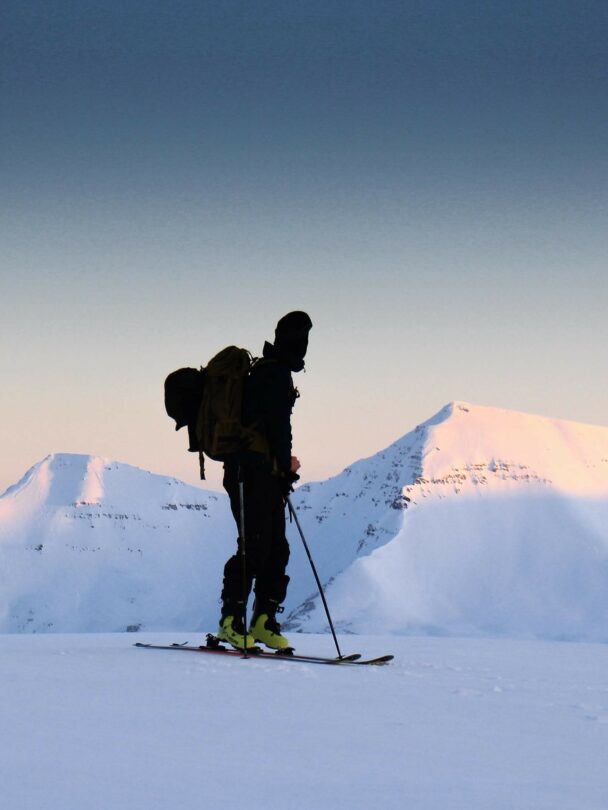 A backcountry skier watching landscapes in Iceland.