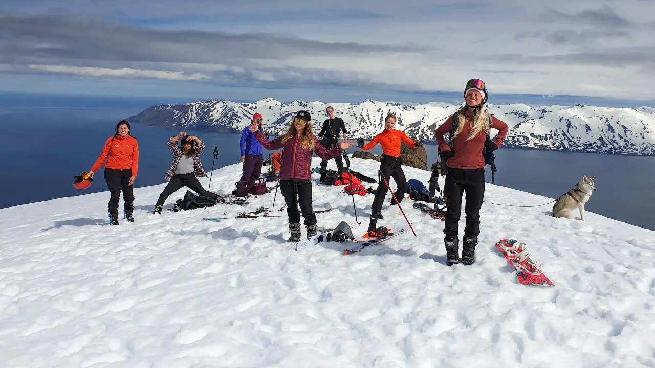 Backcountry skiers posing in Iceland.