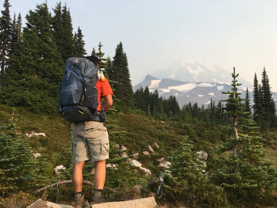  Backpacker making his way along the Skyline Trail.