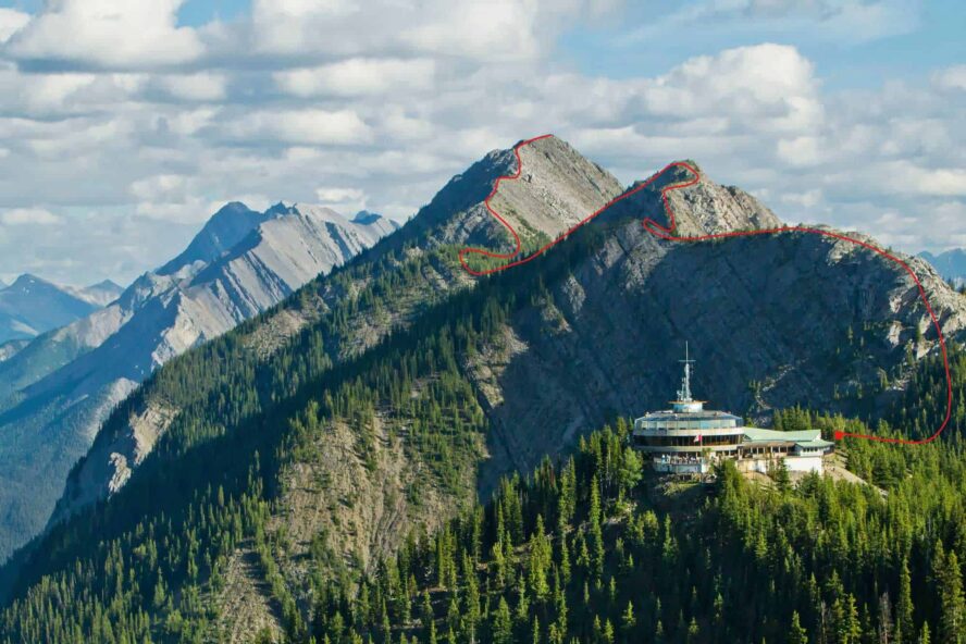 The red line traces the route of the Sulphur Mountain Highline Trek from the gondola to the summit. 