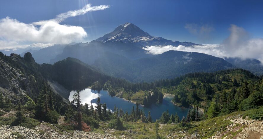 Mount Rainier stands out among the skyline as viewed from the Tolmie Peak Trail.