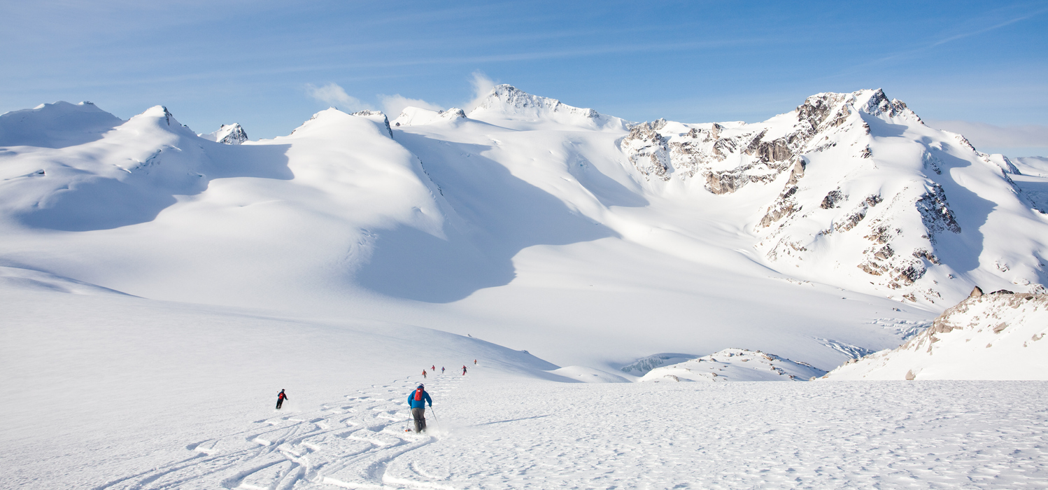 Backcountry skiers in fresh snow
