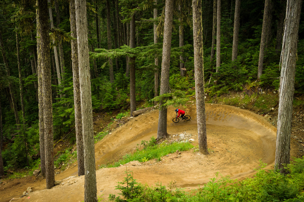 A biker riding on a curvy trail