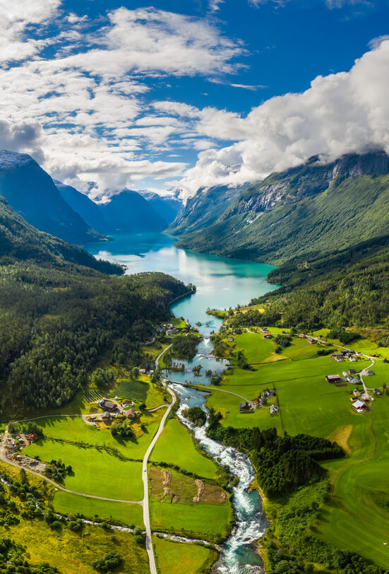 Beautiful Nature Norway natural landscape. lovatnet lake Lodal valley.