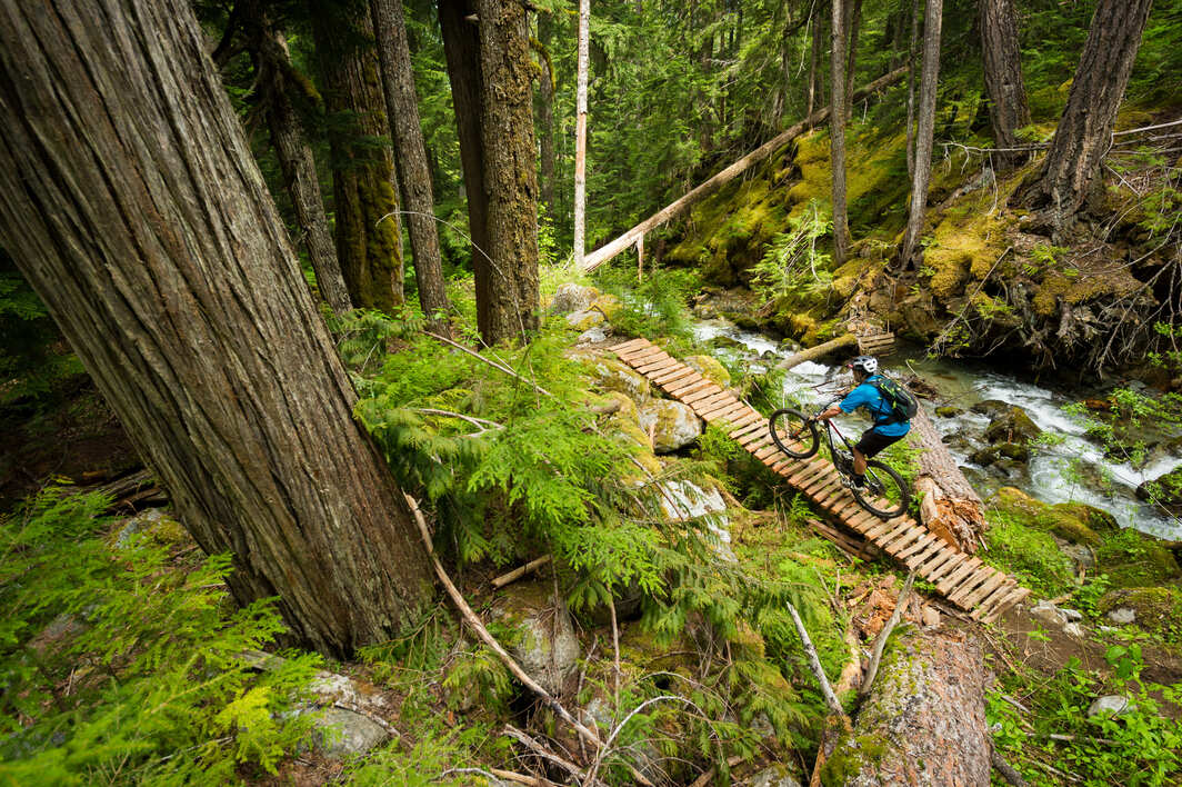 Mountain biker near some water.