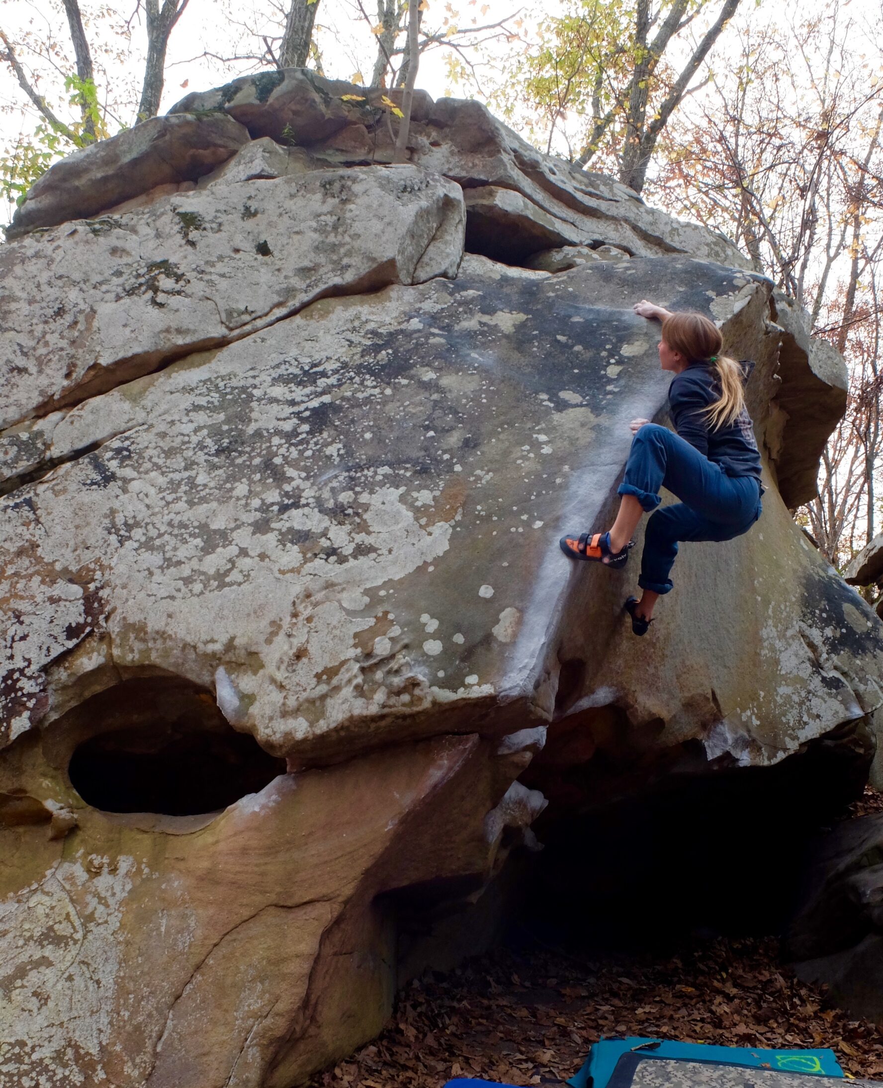 Climber Lisa Rands climbs The Wave (V6) at Stone Fort.