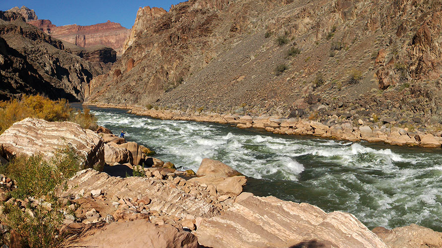 A hiker next to the Colorado River on the Hermit Trail