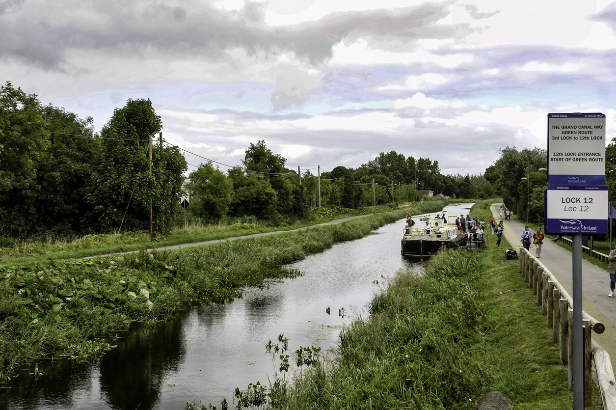 Barge moored in the Grand Canal in Ireland.