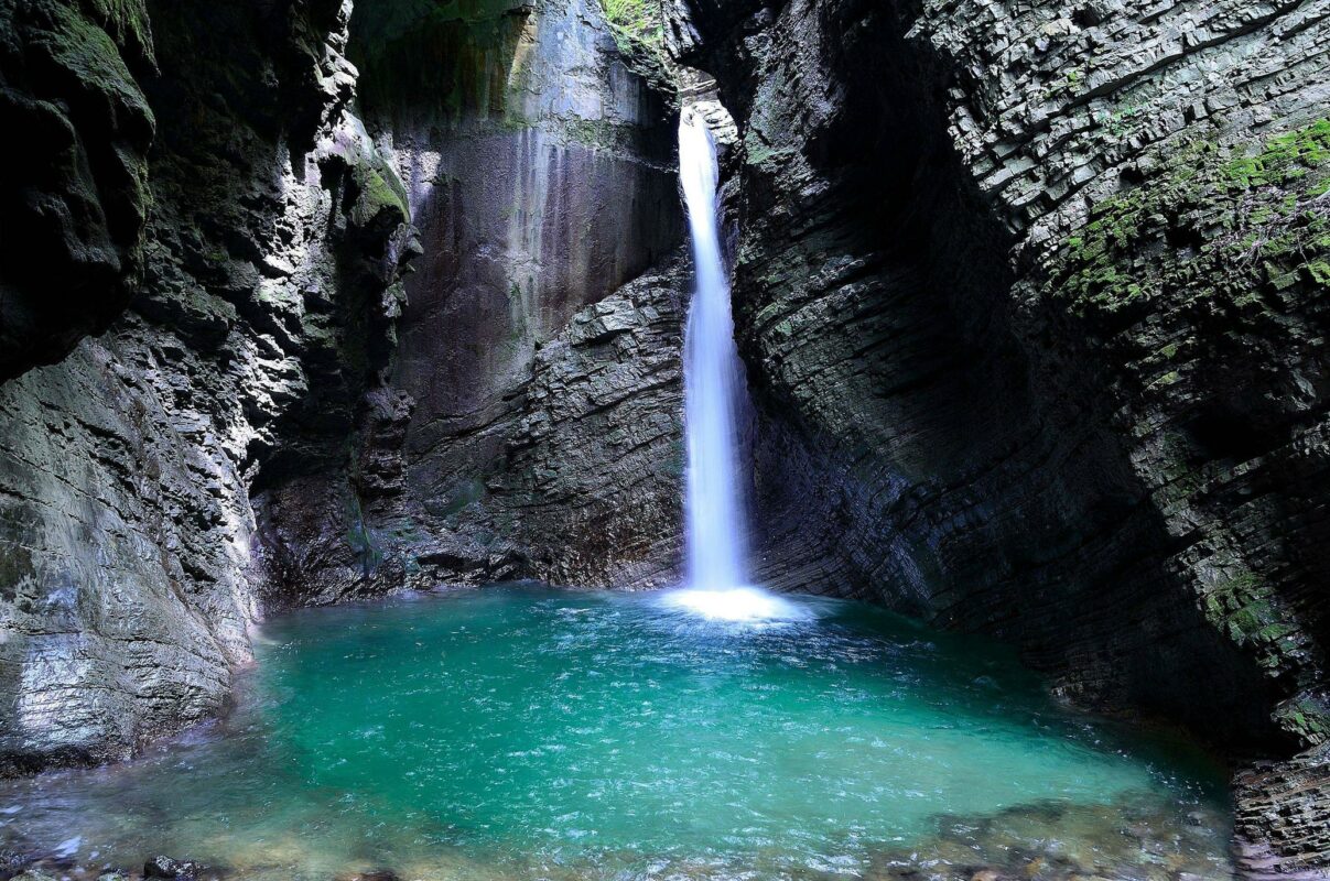 Hidden waterfall Kozjak in Slovenia.