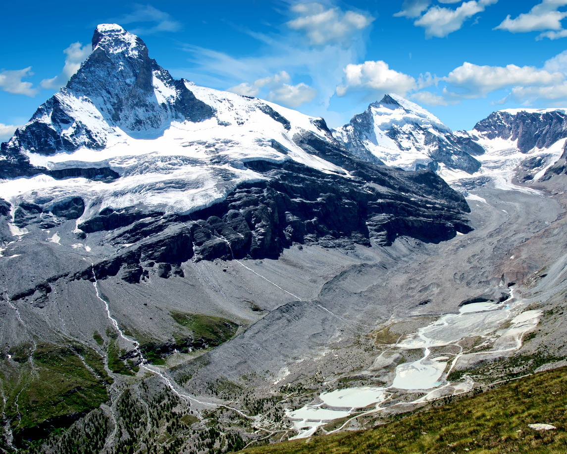 Zmutt valley and glacier surrounded by glaciated peaks, a sublime landscape in the Swiss Alps.